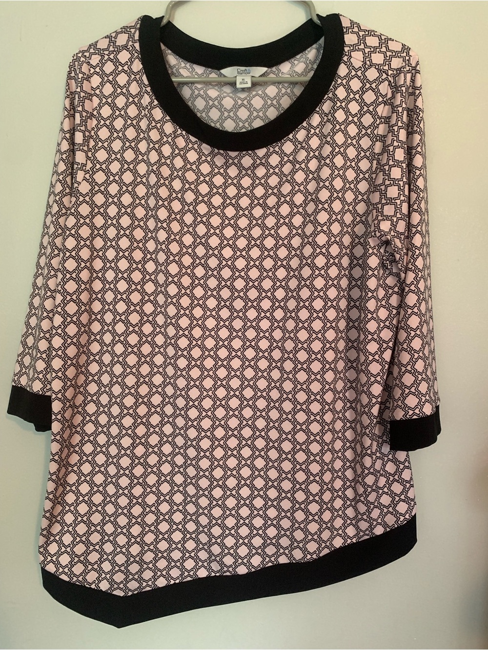 Croft & Barrow Women's Pink Patterned 3/4 Sleeve Top with Black Trim, size XL